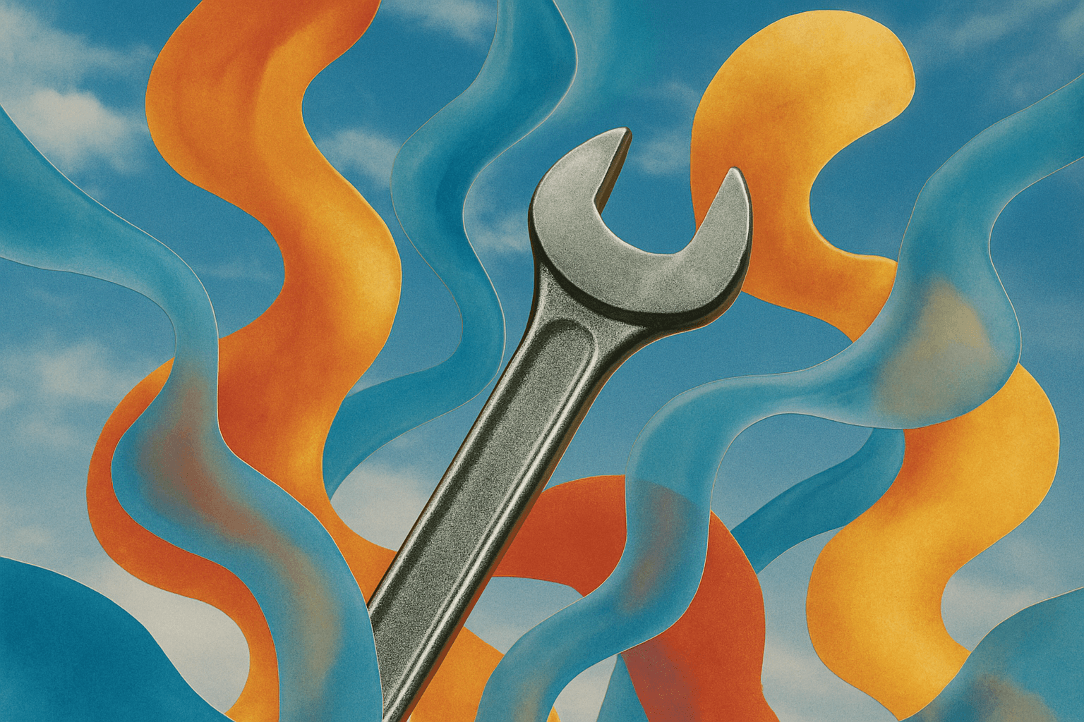An oversized wrench surrounded by translucent organic shapes in a vibrant, surreal composition.
