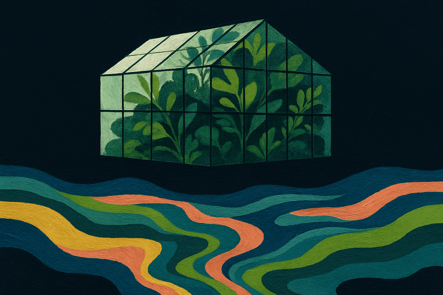 A surreal collage of a giant greenhouse floating above a colorful, abstract sea of organic patterns and lush greenery inside.