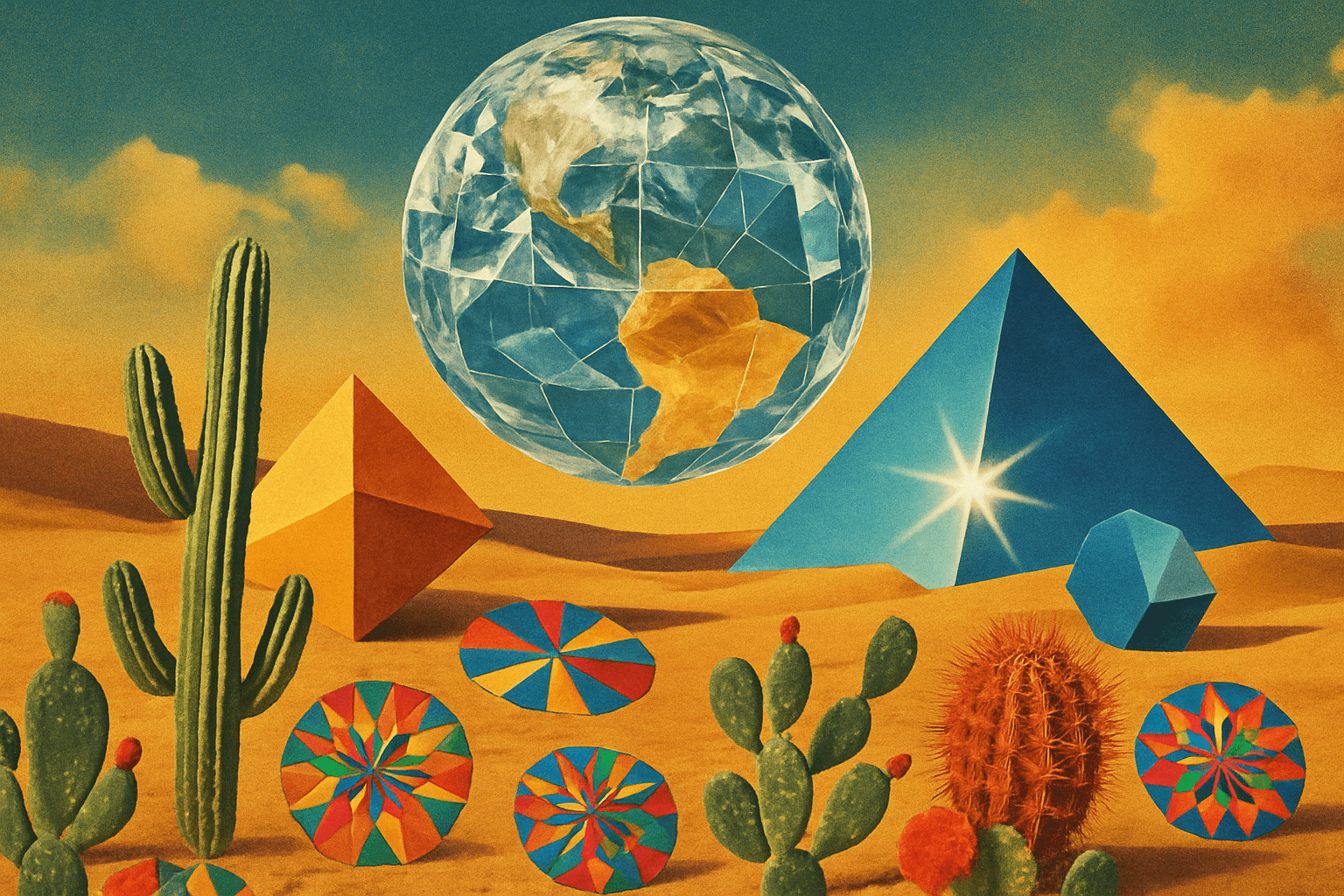 A whimsical photographic collage featuring a floating crystal globe over a desert landscape with oversized geometric shapes and colorful cacti.