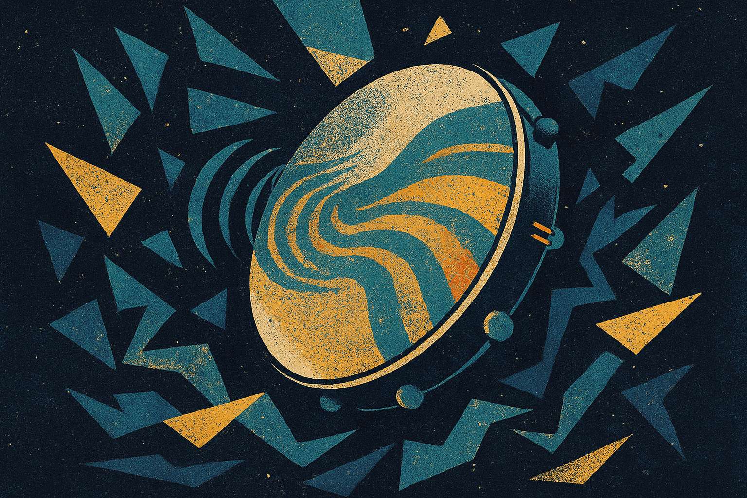 An abstract composition of an oversized hand drum floating in a cosmic void, with colorful reflections and fragmented shapes suggesting sound waves.