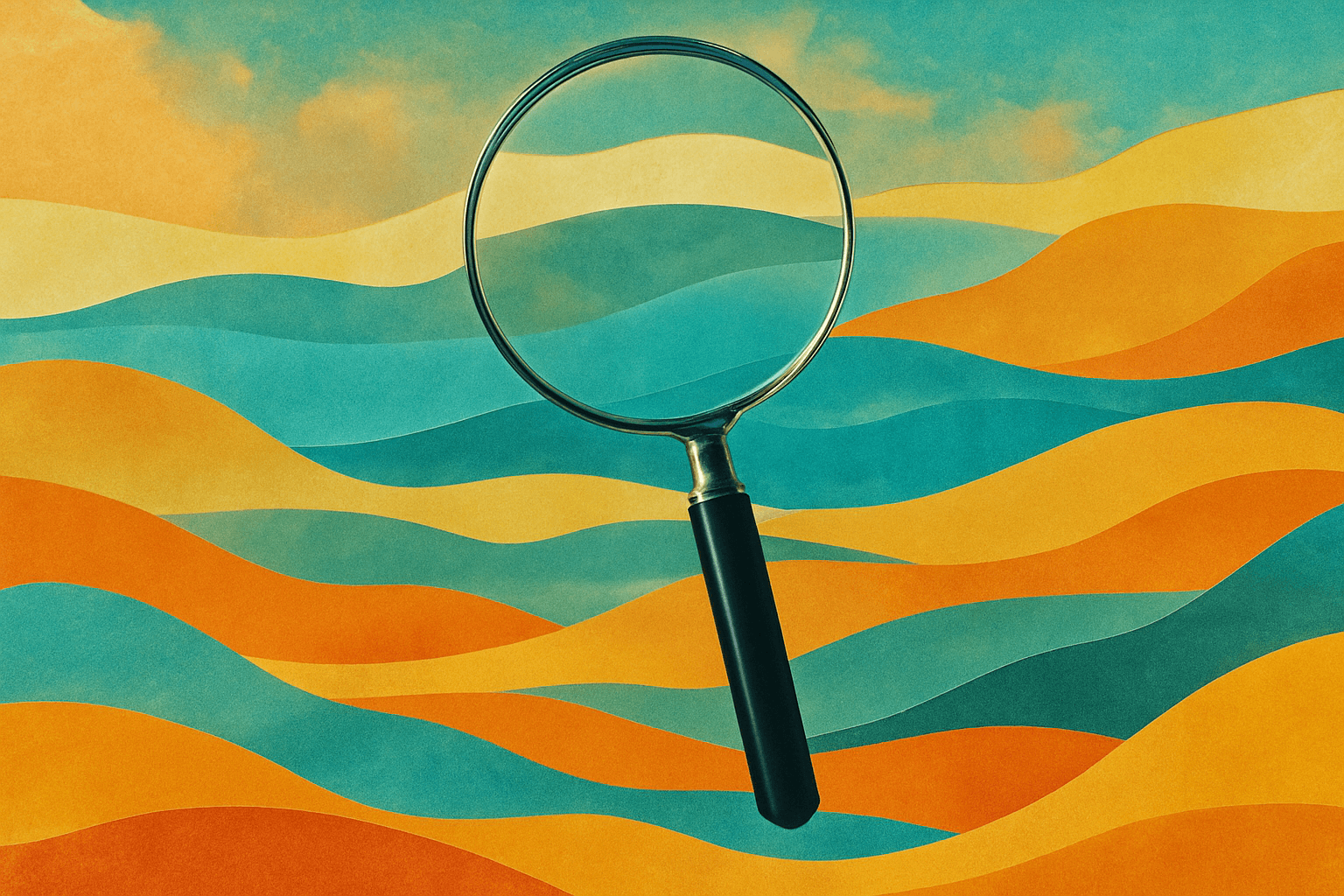 An abstract composition featuring a magnifying glass above layered translucent colors that create a sense of depth and intrigue.