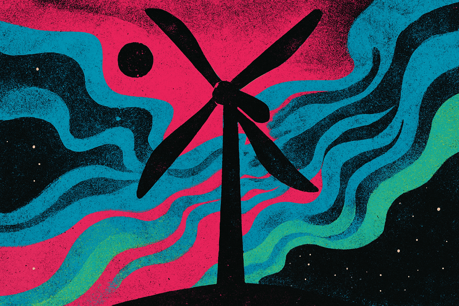An abstract composition featuring a large windmill integrated with flowing organic forms and vibrant color fields.