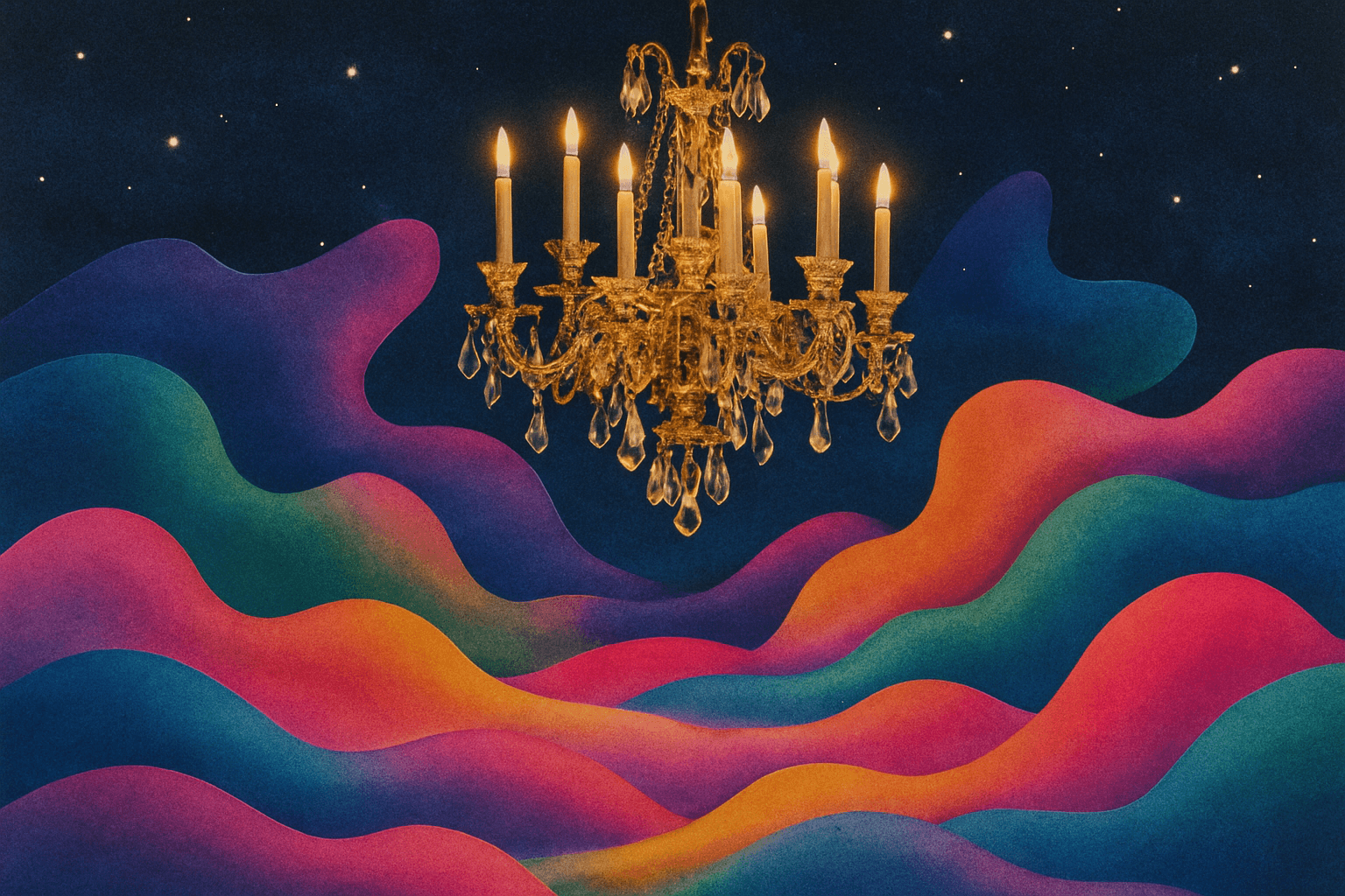 An oversized candle chandelier floats in a cosmic void, illuminating soft organic shapes in vibrant, swirling colors.