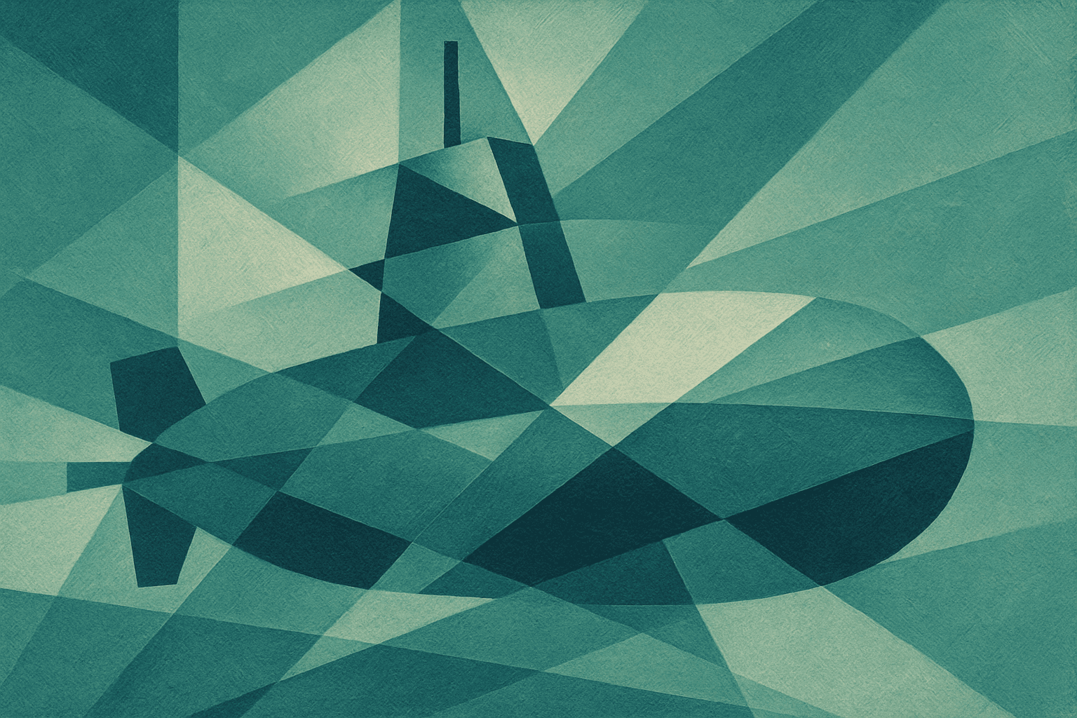 A faceted submarine appears in several conflicting angular views against a deep blue field, with its parts seeming to disagree about their alignment.