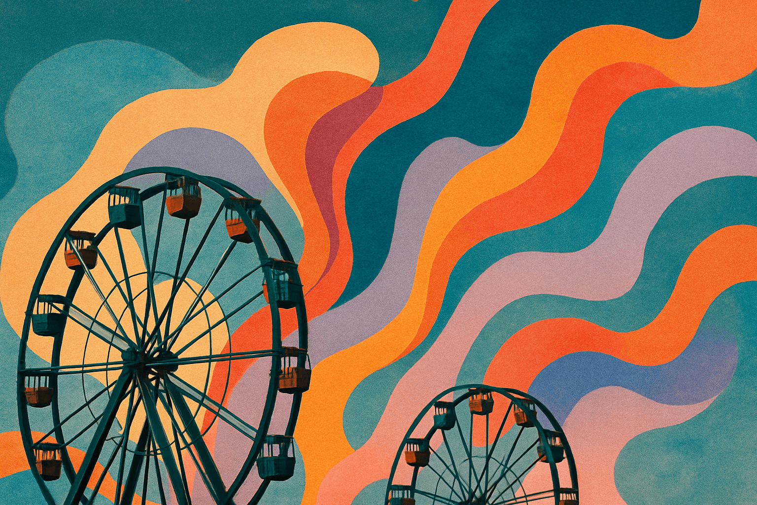 An abstract artwork featuring oversized colorful ferris wheels amidst swirling vibrant colors, representing the fusion of sensory experiences and technology.