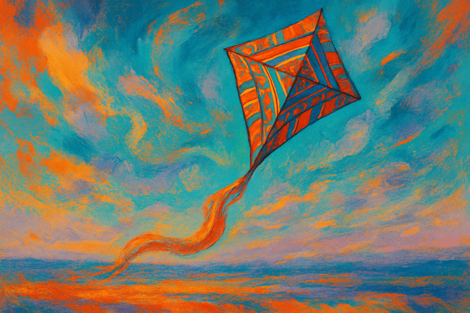 A surreal scene of a giant kite soaring through a vibrant abstract sky, symbolizing communication and connection.