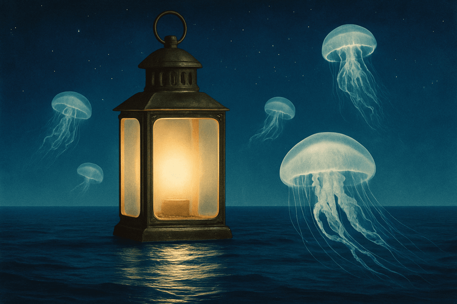 A whimsical photographic collage depicting a floating lantern above a tranquil sea, surrounded by luminous jellyfish.